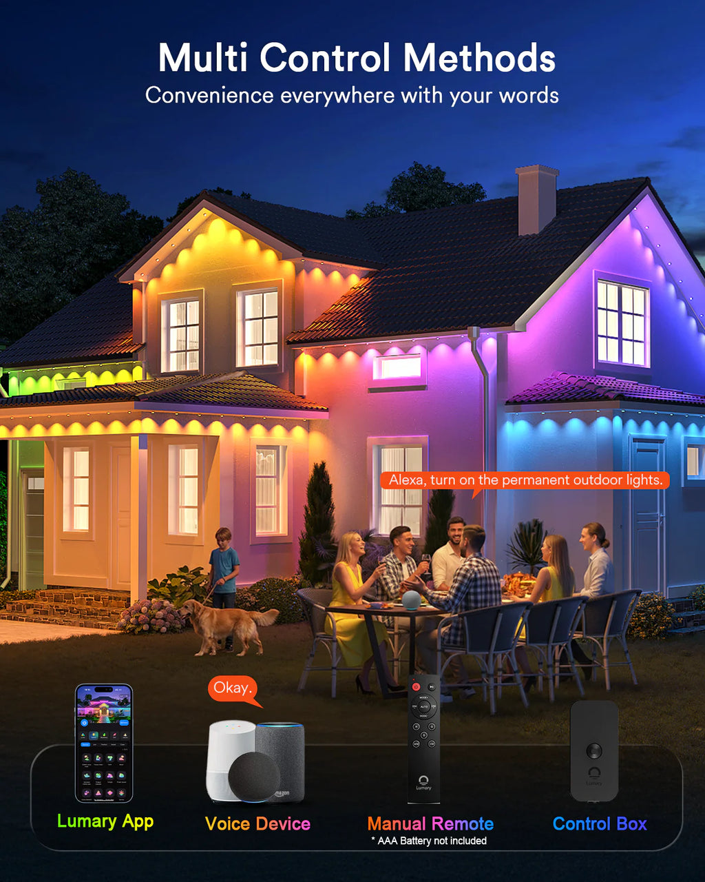 Lumary Permanent Outdoor Lights 2 with Remote, Slide-Base, 100ft with 60 RGBAI LED lights