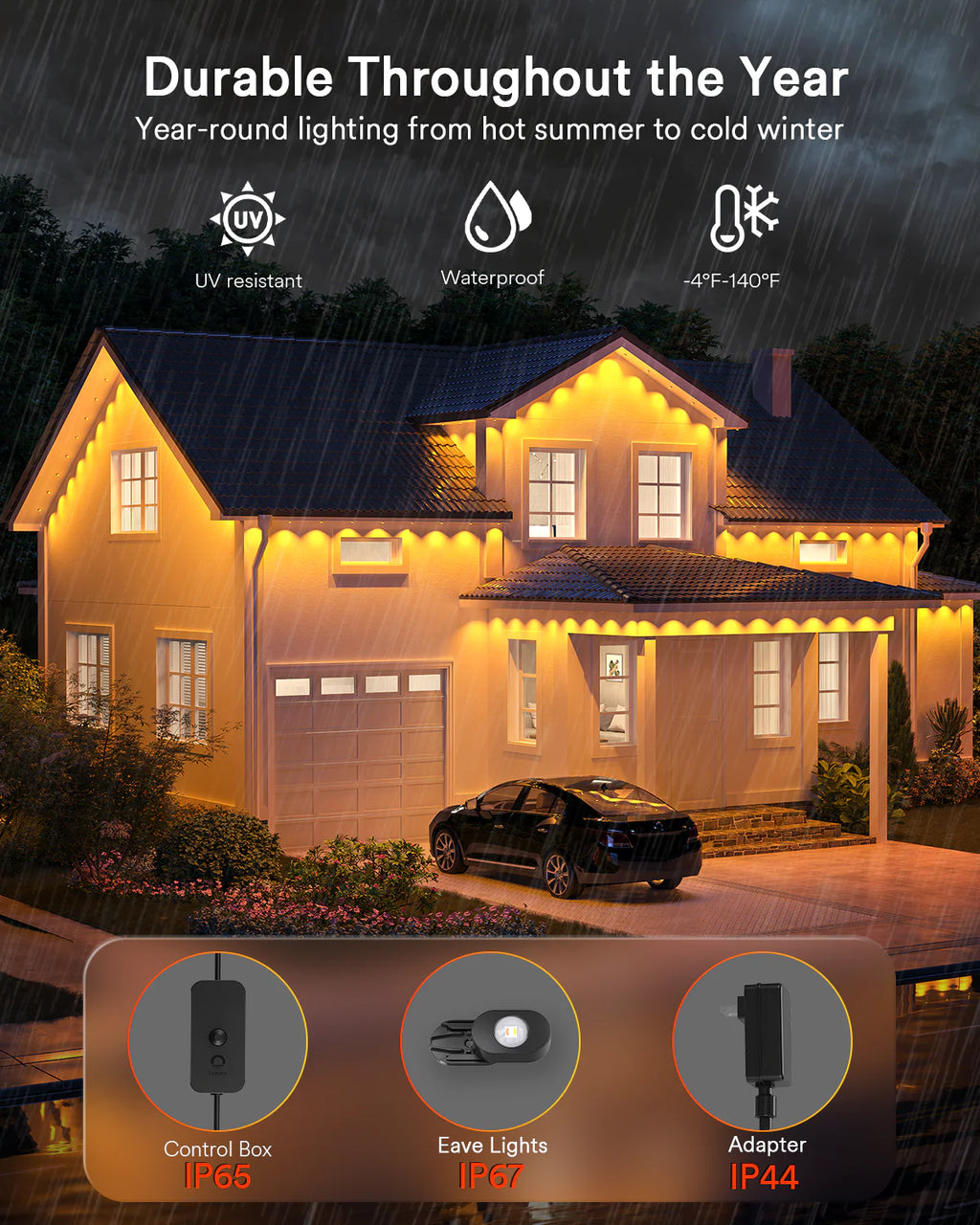 Lumary Permanent Outdoor Lights 2 with Remote, Slide-Base, 100ft with 60 RGBAI LED lights
