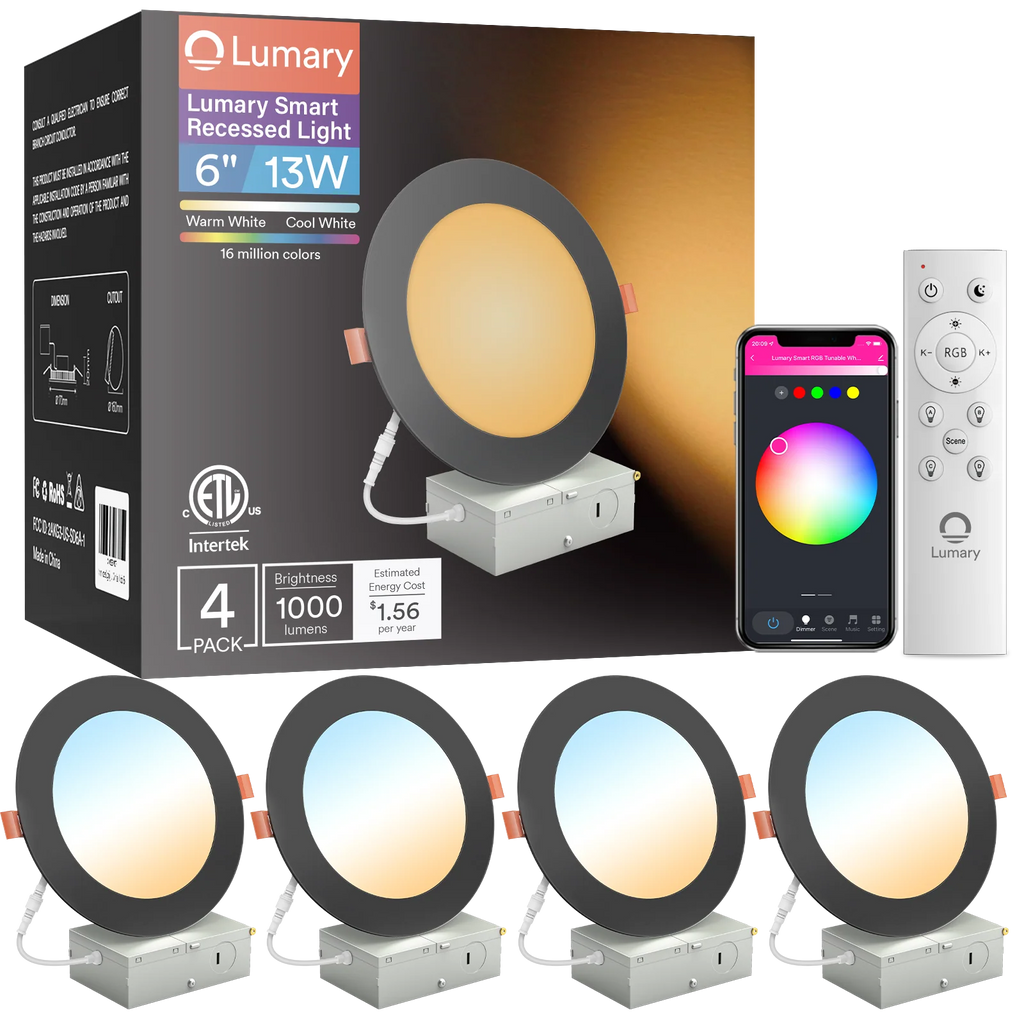 4PCS Lumary Wi-Fi Smart Ultra-thin Recessed Lighting Black 6 inch