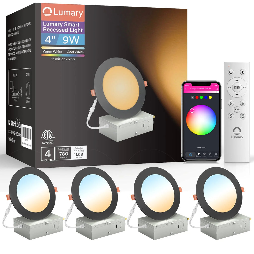4PCS Lumary Wi-Fi Smart Ultra-thin Recessed Lighting Black 4 inch (With Remote Controller)
