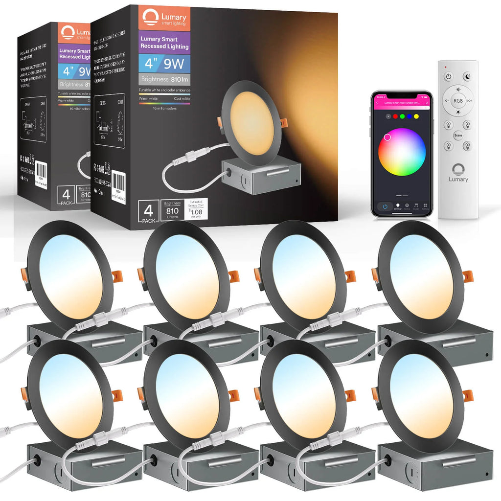 8PCS Lumary Wi-Fi Smart Ultra-thin Recessed Lighting Black 4 inch  (With Remote Controller)