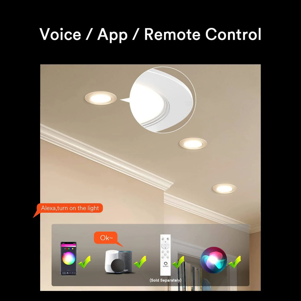 4PCS Lumary Wi-Fi Smart Ultra-Thin Baffle Trim Recessed Lighting 6inch (With Remote