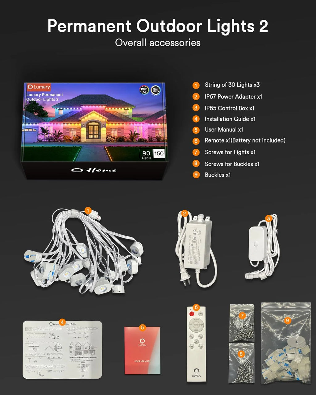 Lumary Permanent Outdoor Lights 2 with Remote, Slide-Base, 100ft with 60 RGBAI LED lights