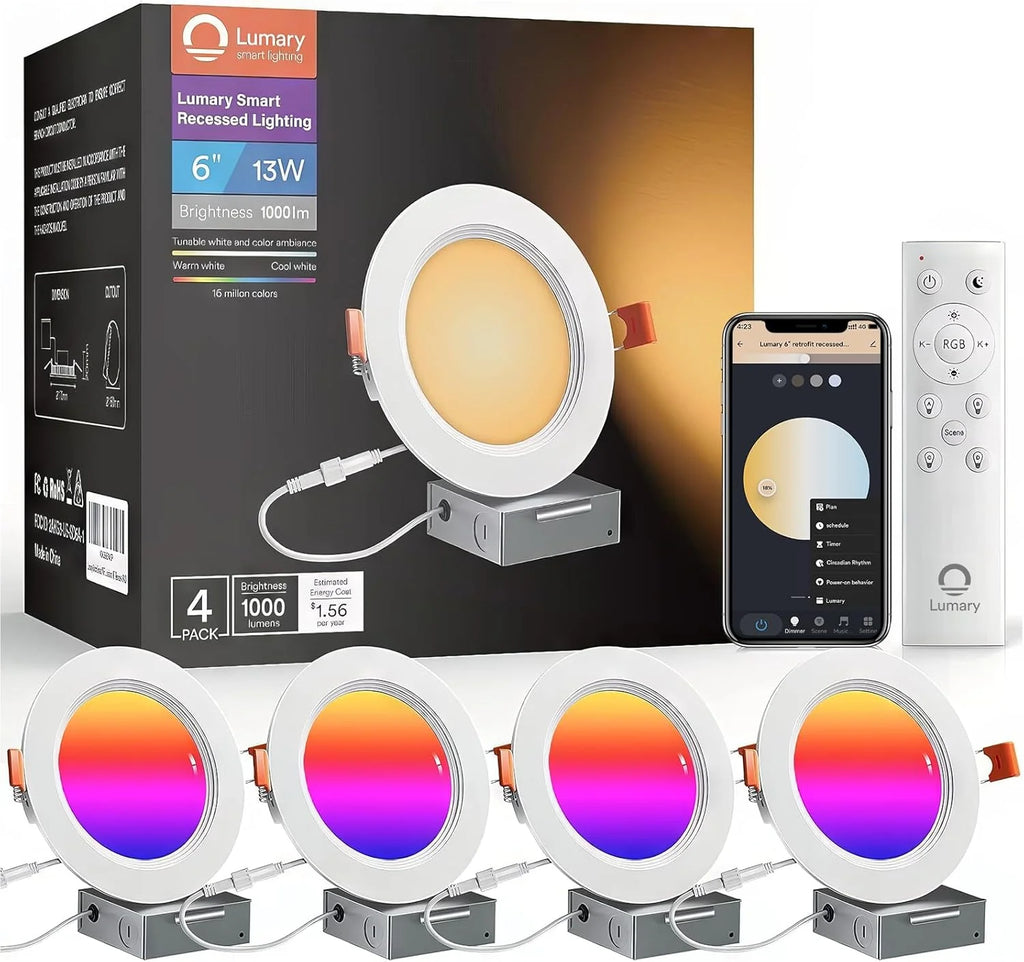 4PCs Lumary Wi-Fi Smart Ultra-Thin Baffle Trim Recessed Lighting 4inch (With Remote Cotroller)