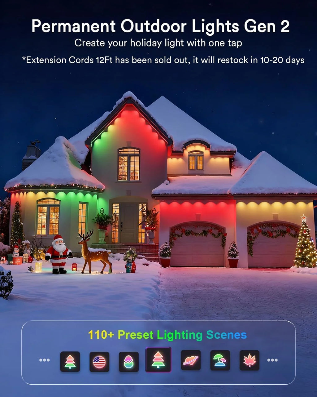 Lumary Permanent Outdoor Lights 2 with Remote, Slide-Base, 100ft with 60 RGBAI LED lights