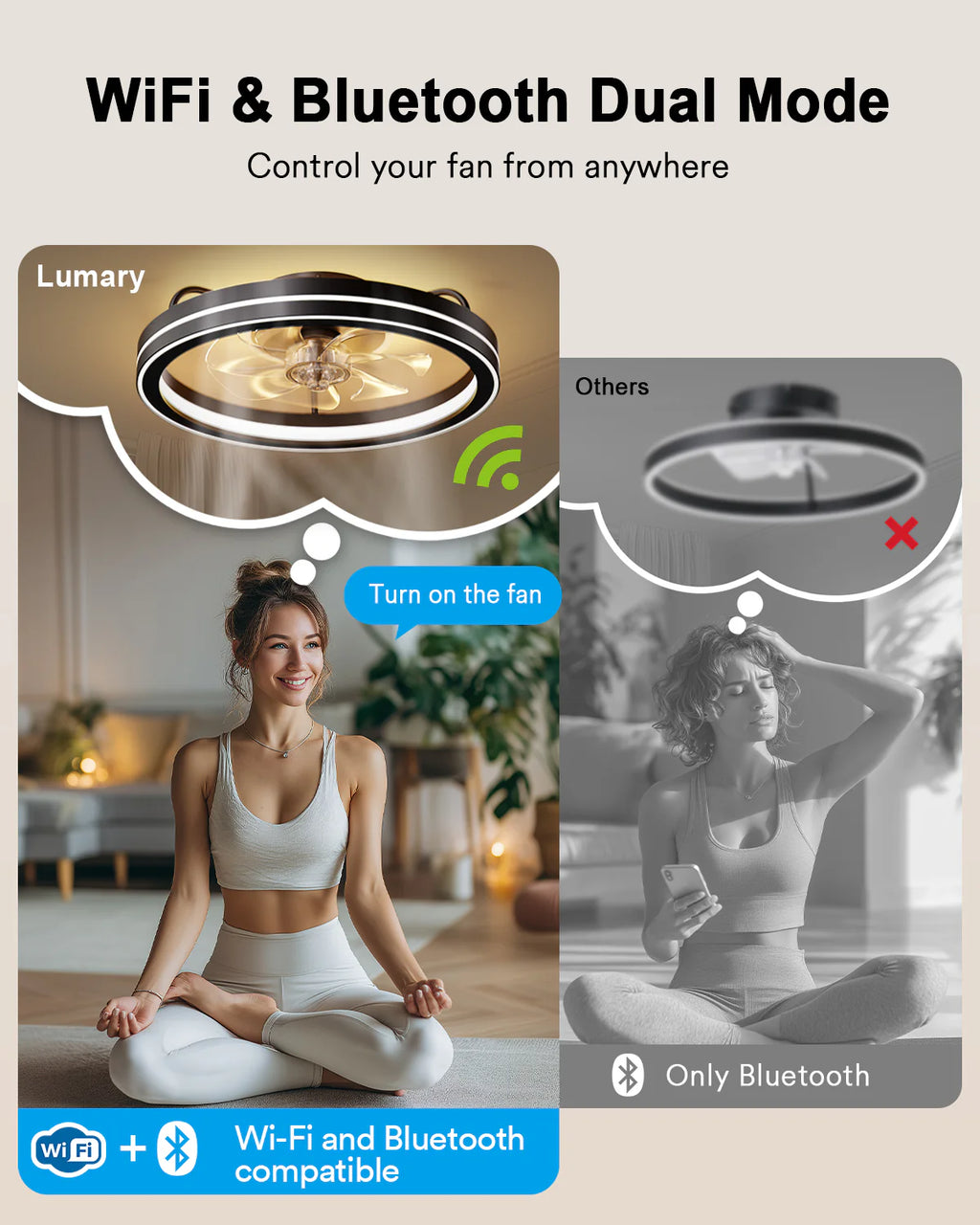 Lumary Smart Ceiling Fan Light with 2200K Nightlight, WiFi & Bluetooth Low Profile Ceiling Fan with Light Remote for Bedroom, RGBAI & 42 Scenes Mode, Flush Mount Easy to Install, 5000 LM, 19in