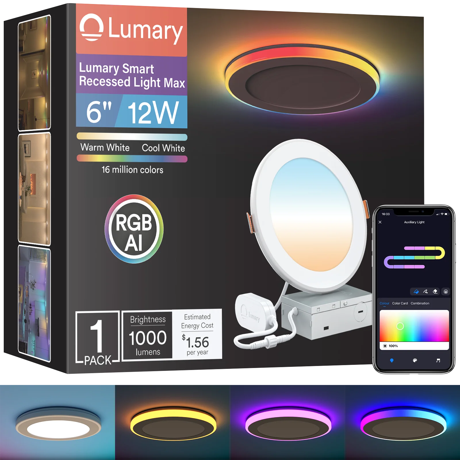 Lumary 6 inch Smart RGBAI Recessed Light with Gradient Auxiliary Night Light