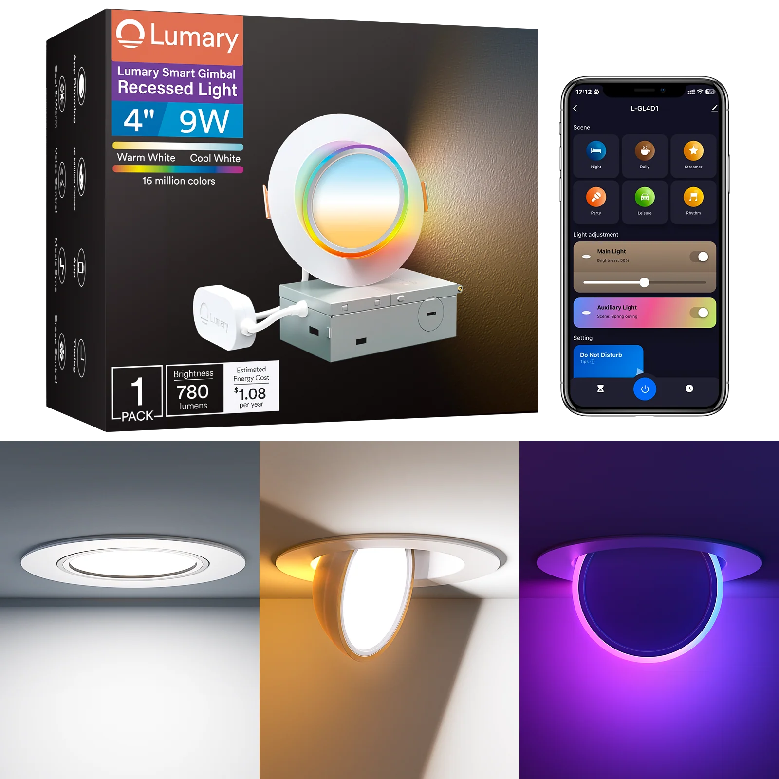 Lumary RGBAI Gimbal Smart Recessed Lighting 4 Inch Pro, 9w 780LM