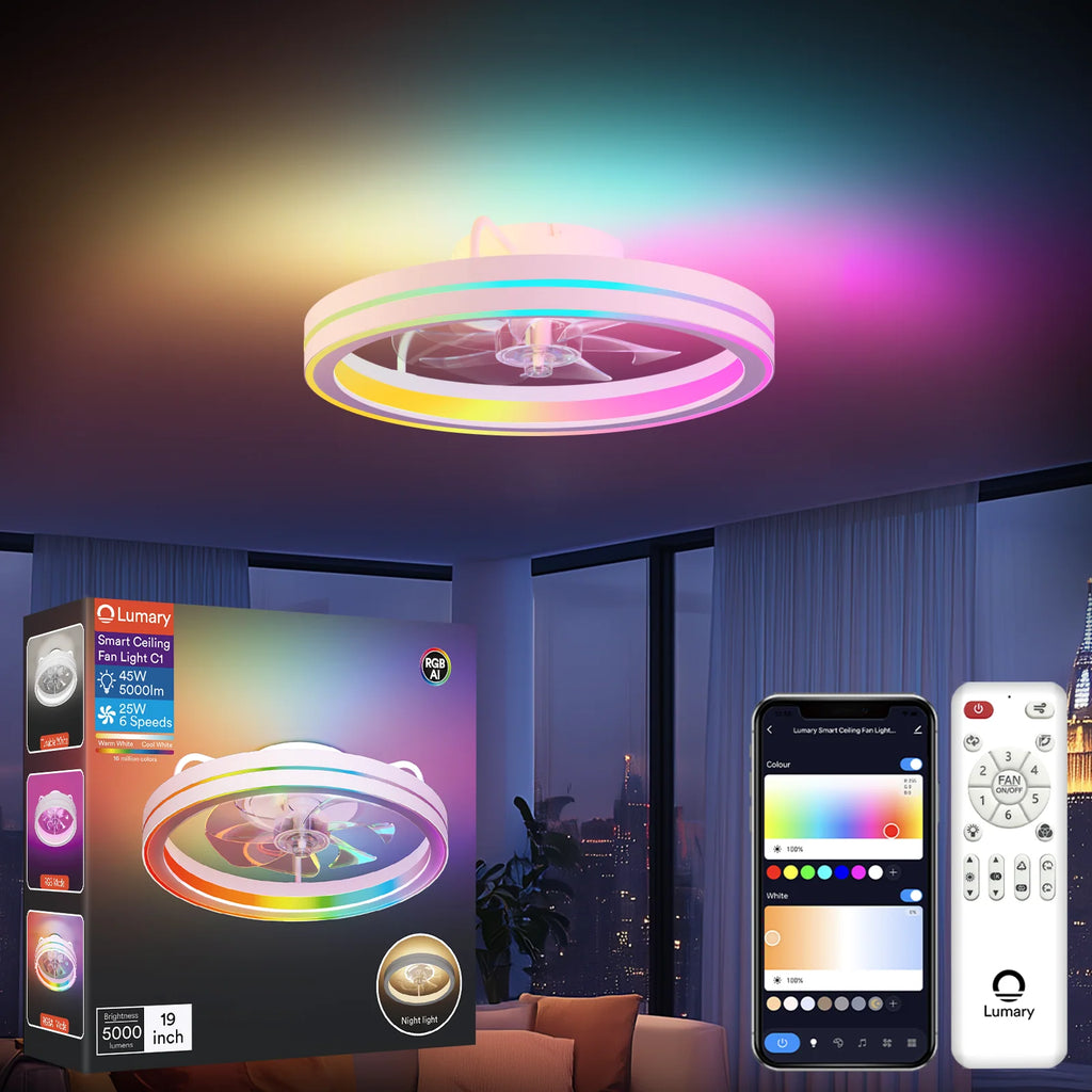 Lumary Smart Ceiling Fan Light with 2200K Nightlight, WiFi & Bluetooth Low Profile Ceiling Fan with Light Remote for Bedroom, RGBAI & 42 Scenes Mode, Flush Mount Easy to Install, 5000 LM, 19in