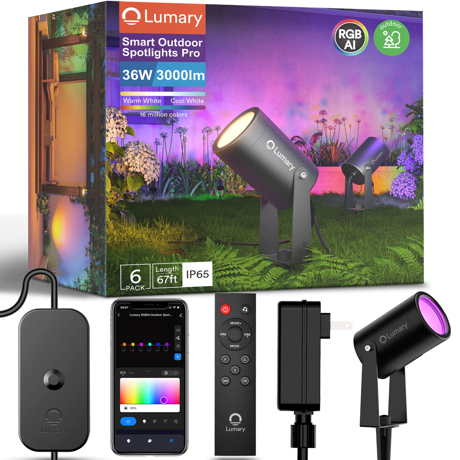 6PC Lumary Smart RGBAI Landscape Lights Pro 36W 3000LM 65ft