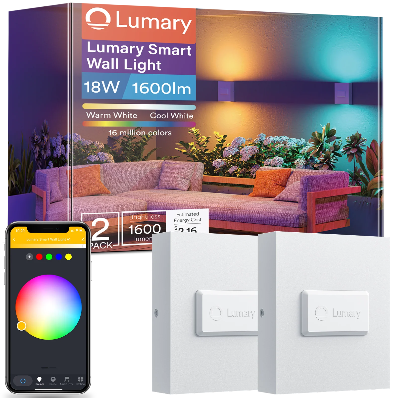 2 PCS Lumary Smart Wall Sconce Light Up Down Wall Lamp Dimmable 18W 1600LM