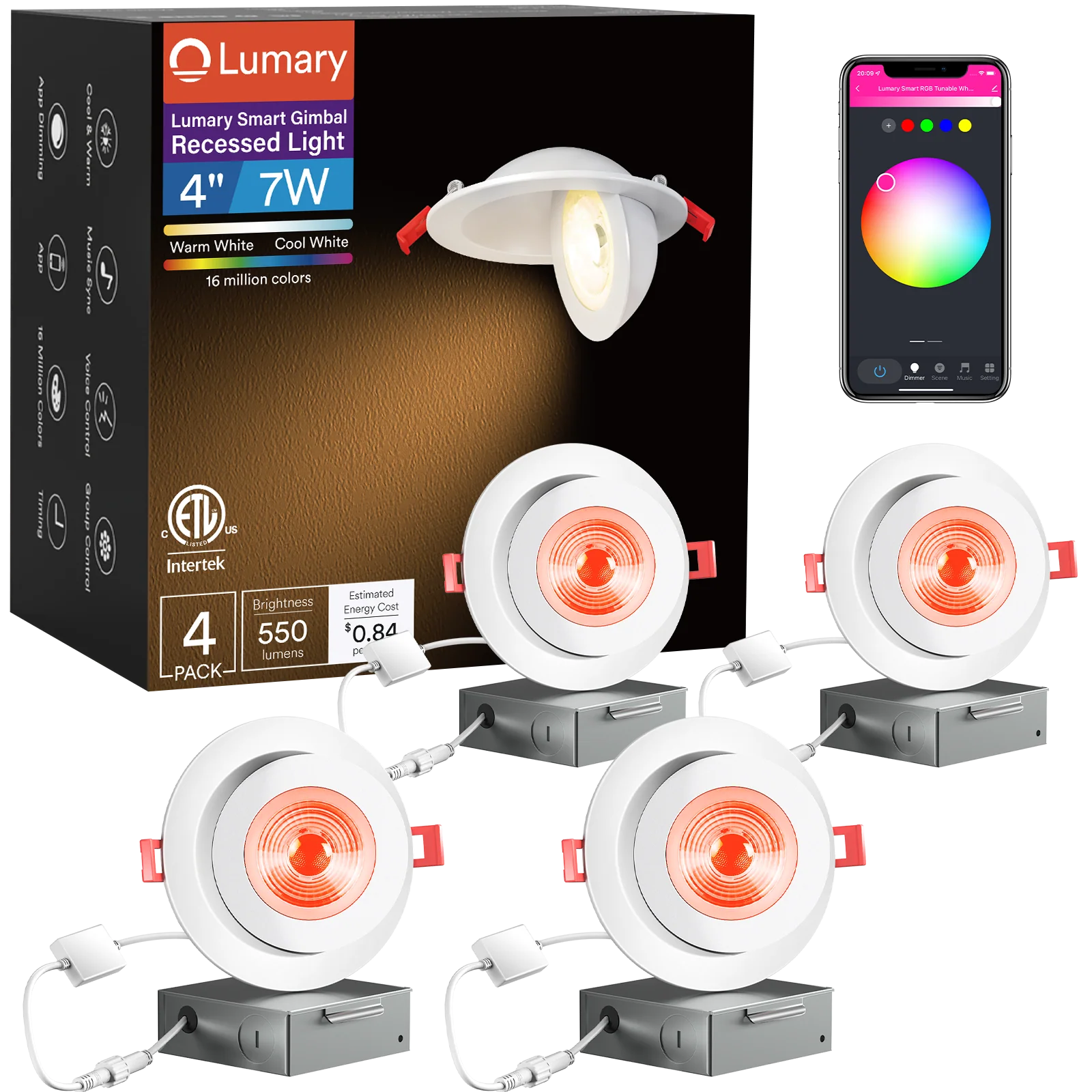 4 PCS Lumary Wi-Fi Smart Gimbal Recessed Light 4 inch 7W