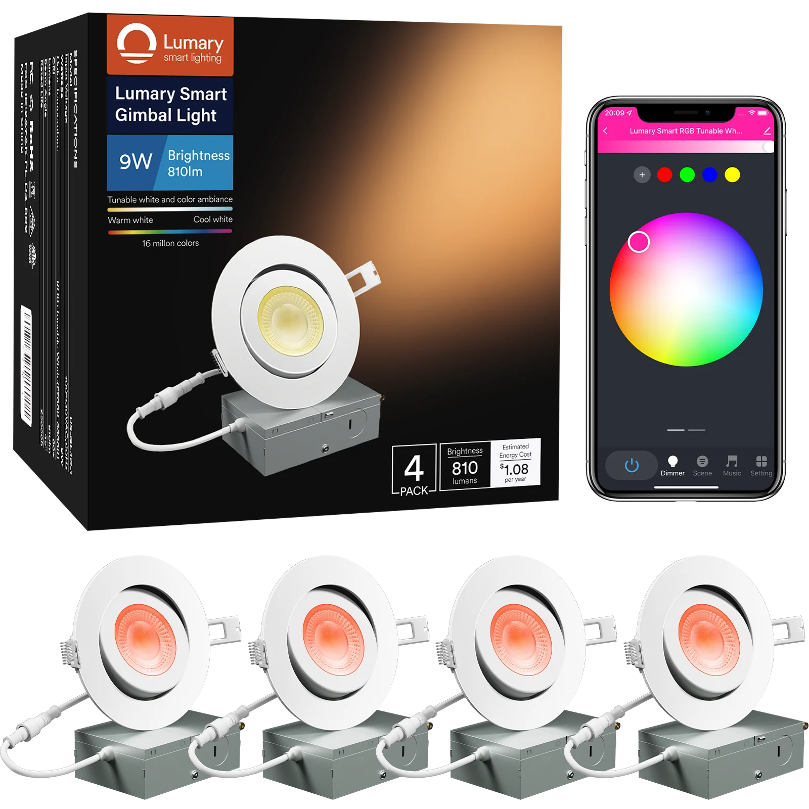 Lumary Wi-Fi Smart Gimbal Recessed Light 4 inch 9W 4PCS