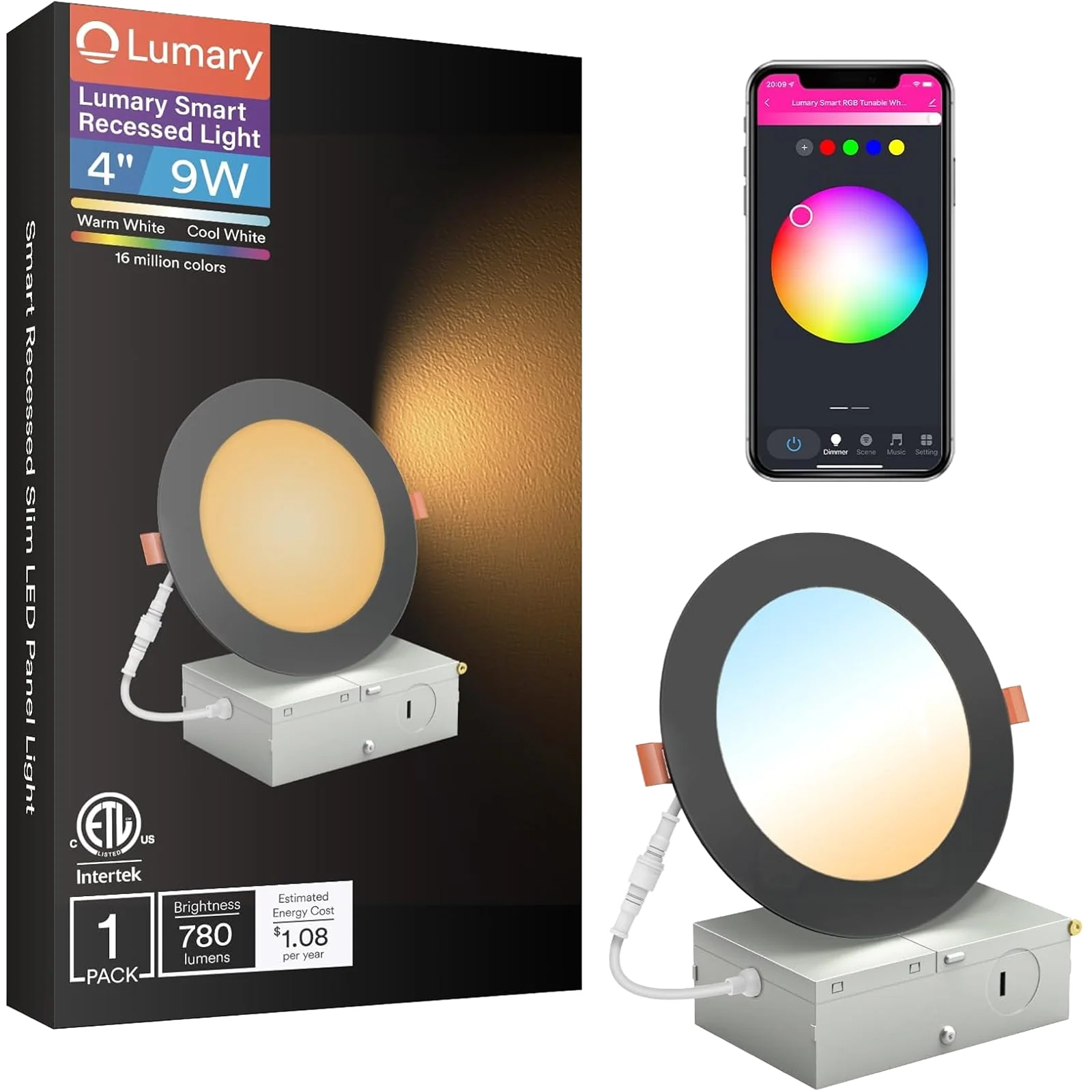 Lumary Wi-Fi Smart Ultra-thin Recessed Lighting Black 4 inch 1PCS