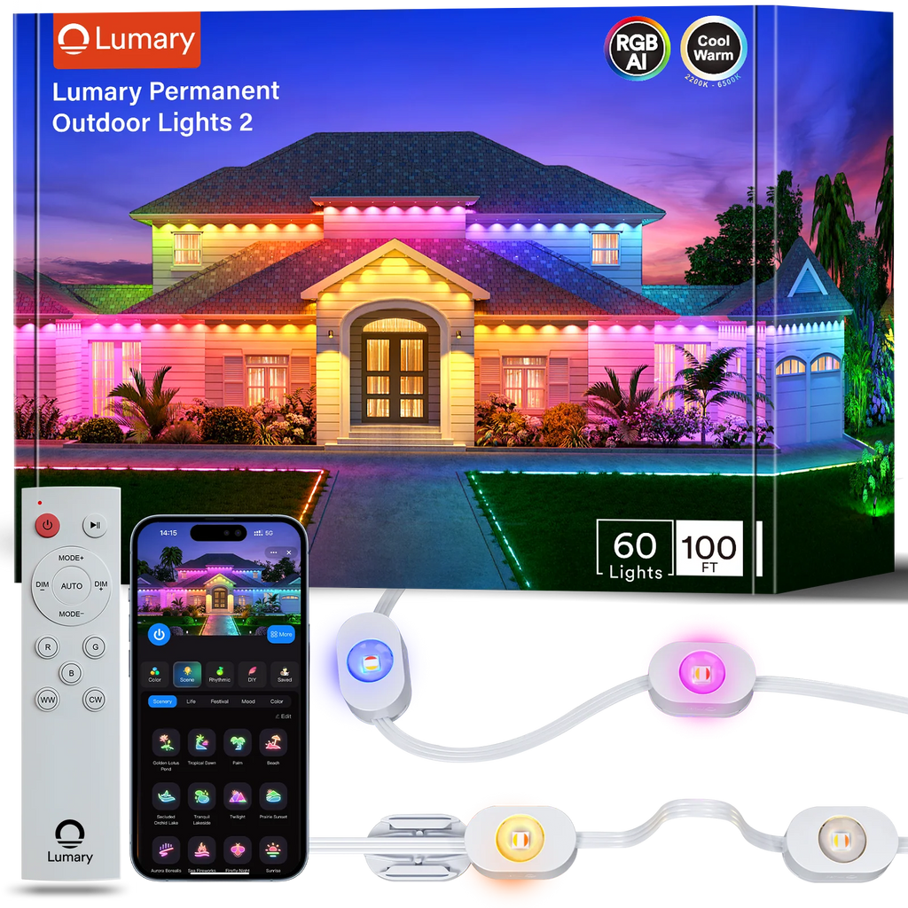 Lumary Permanent Outdoor Lights 2 with Remote, Slide-Base, 100ft with 60 RGBAI LED lights