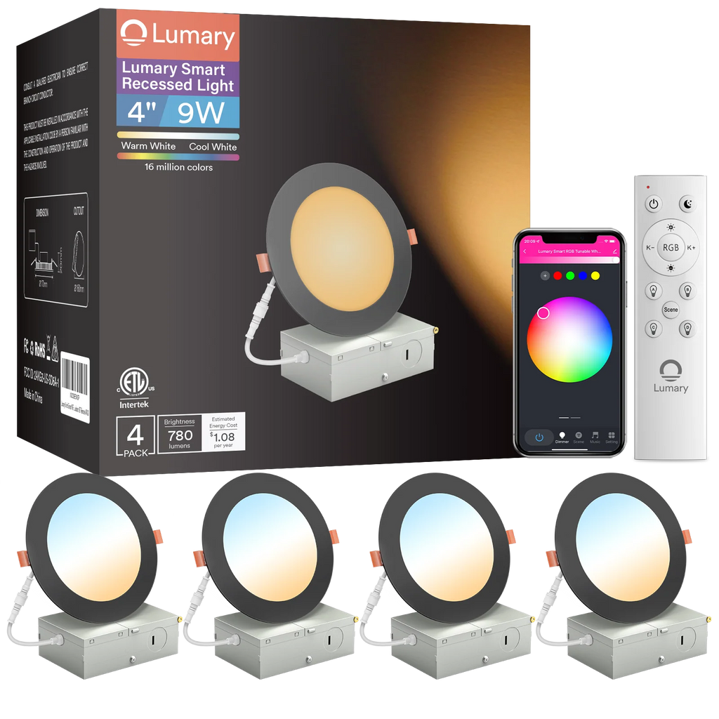 4PCS Lumary Wi-Fi Smart Ultra-thin Recessed Lighting Black 4 inch (With Remote Controller)