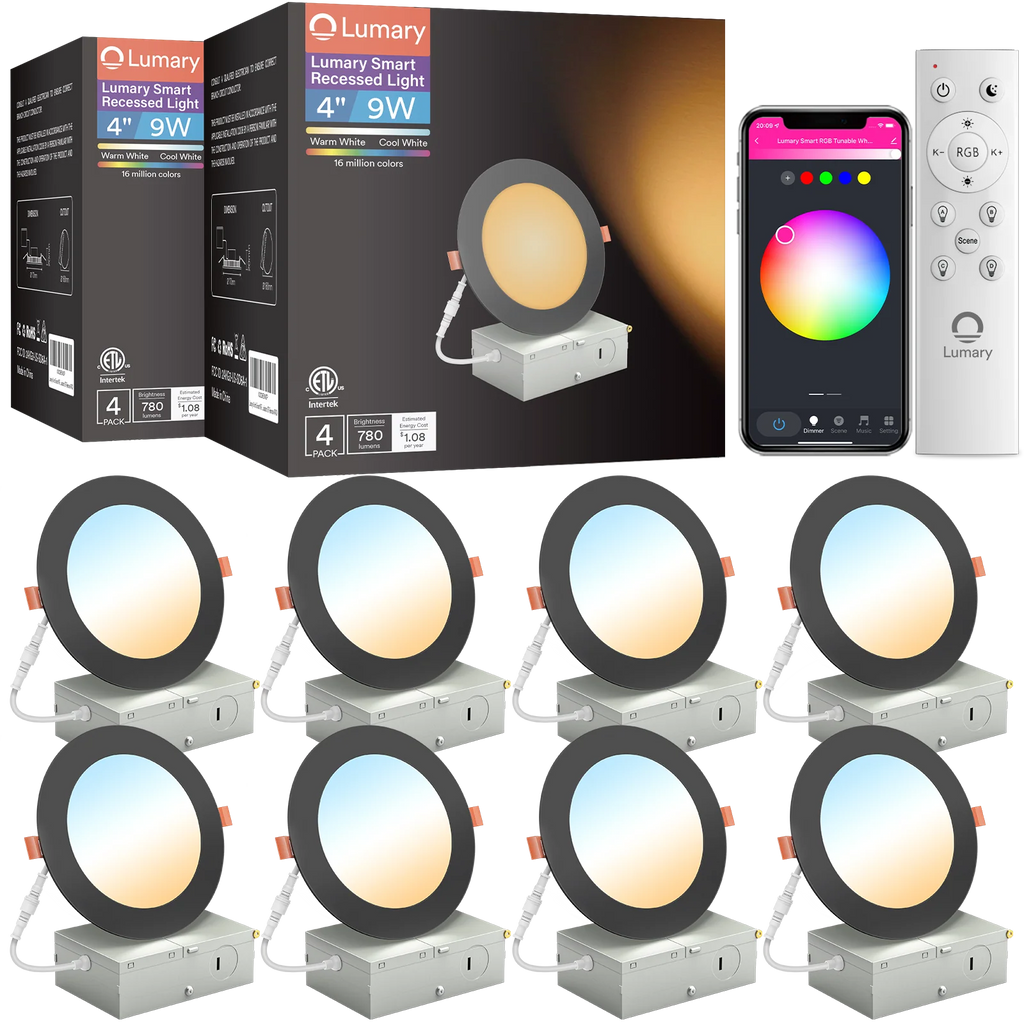 8PCS Lumary Wi-Fi Smart Ultra-thin Recessed Lighting Black 4 inch  (With Remote Controller)