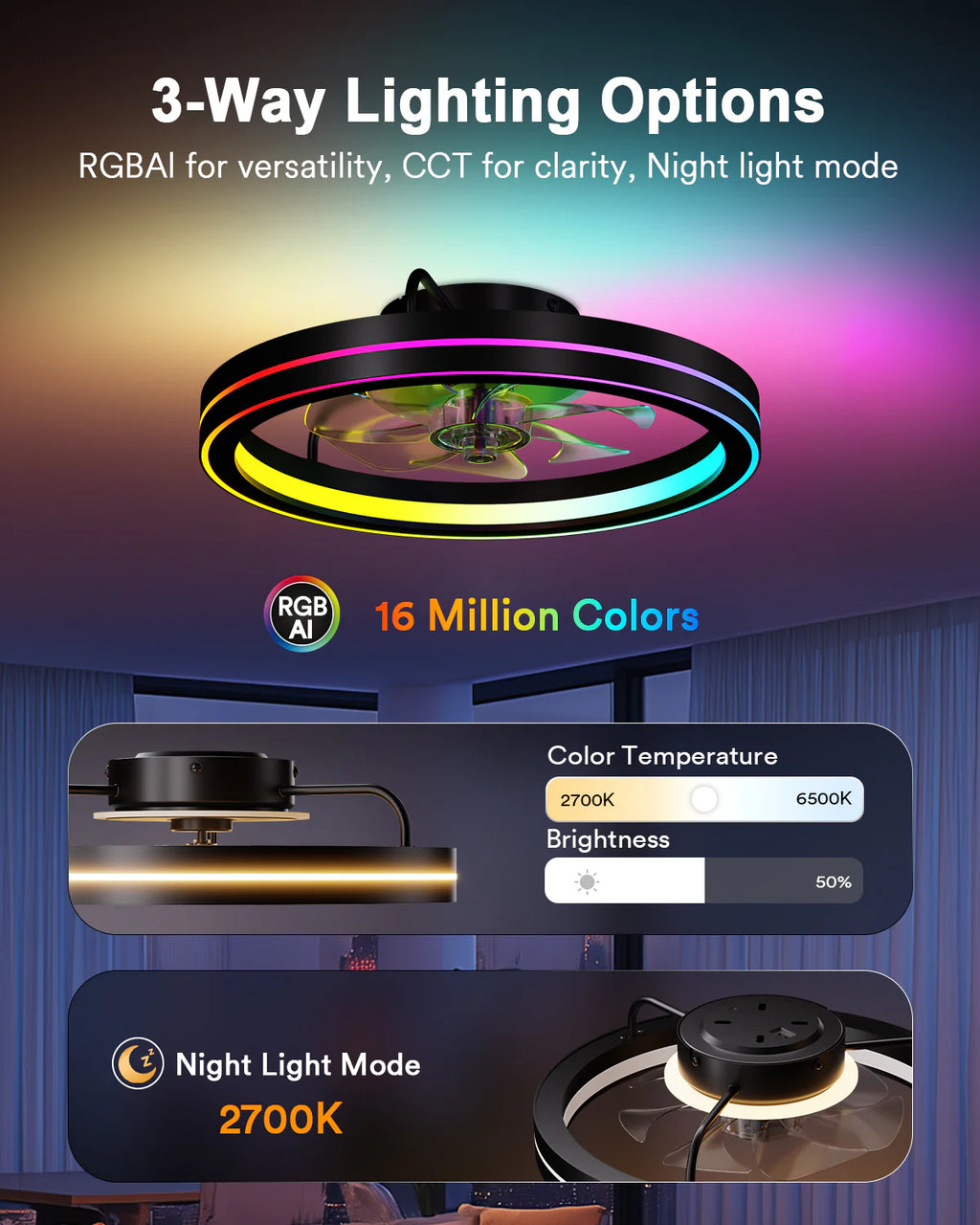 Lumary Smart Ceiling Fan Light with 2200K Nightlight, WiFi & Bluetooth Low Profile Ceiling Fan with Light Remote for Bedroom, RGBAI & 42 Scenes Mode, Flush Mount Easy to Install, 5000 LM, 19in