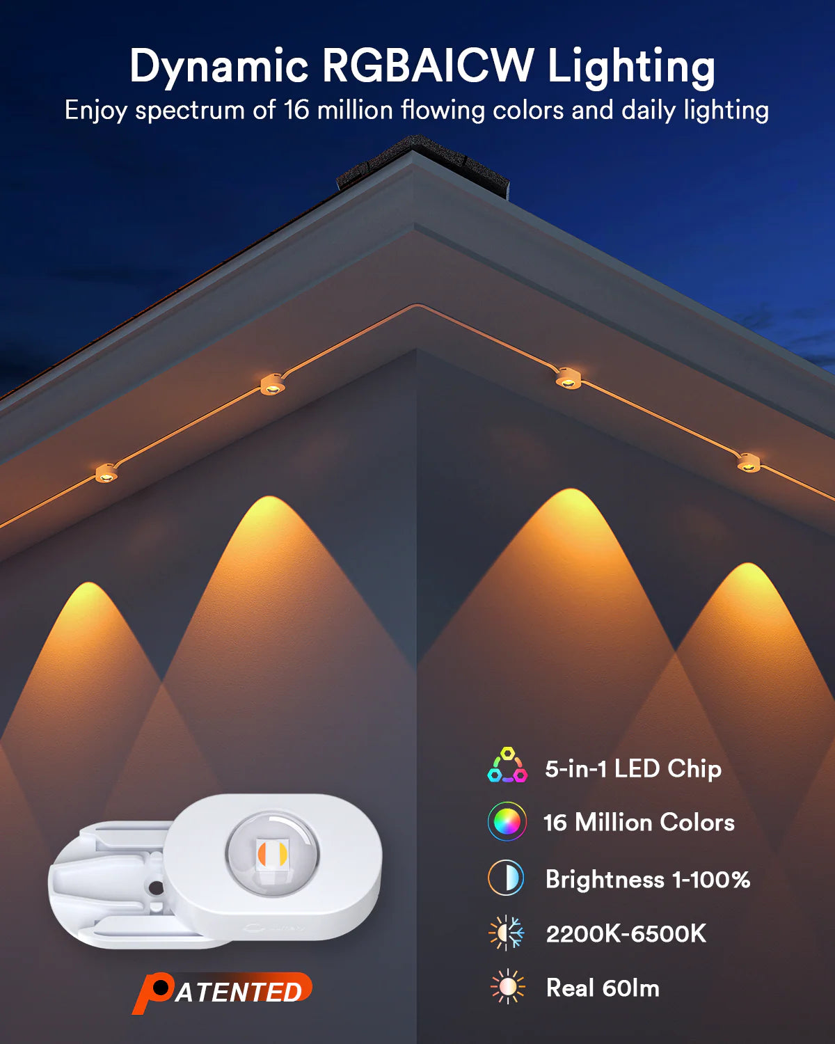 Lumary Permanent Outdoor Lights 2 with Remote, Slide-Base, 100ft with 60 RGBAI LED lights