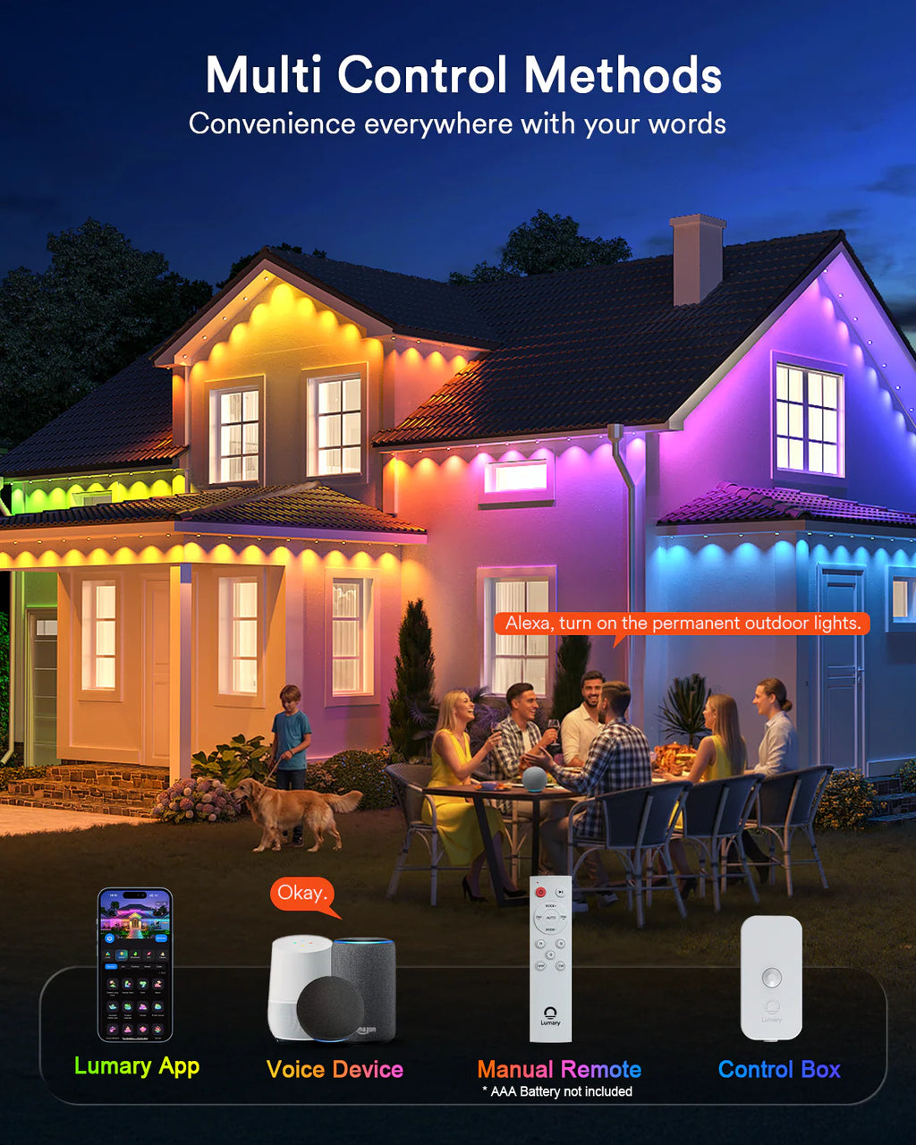 Lumary Permanent Outdoor Lights 2 with Remote, Slide-Base, 100ft with 60 RGBAI LED lights