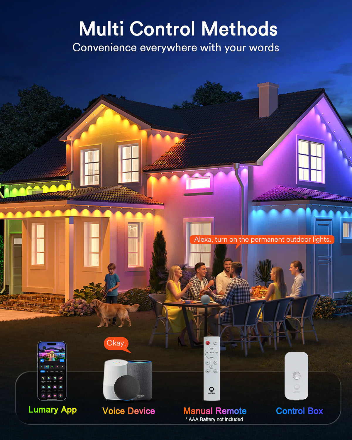 Lumary Permanent Outdoor Lights 2 with Remote, Slide-Base, 100ft with 60 RGBAI LED lights